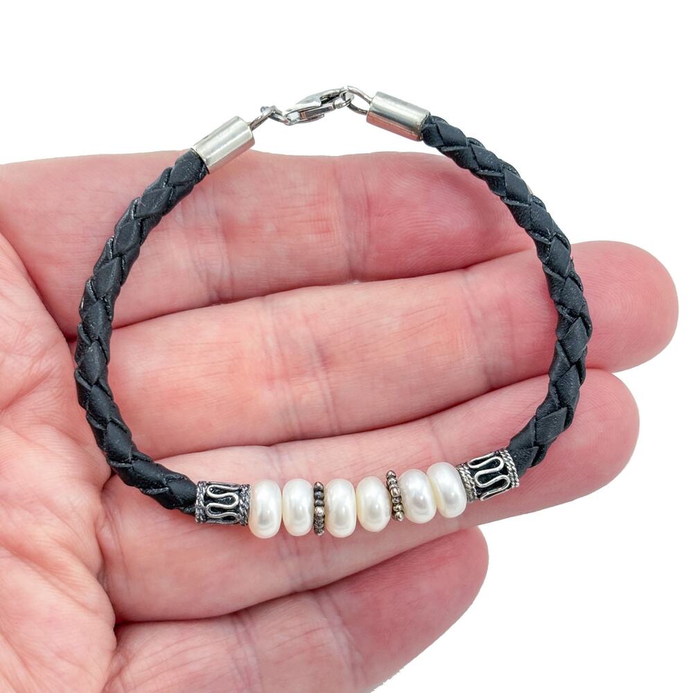 Vintage Sterling Silver 925 Pearl Leather Bracelet 7.5"